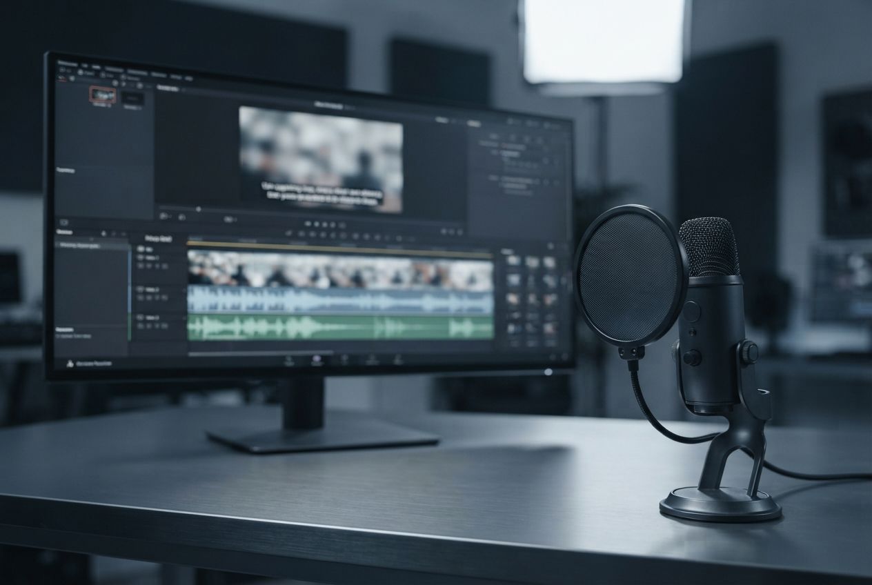 Postazione di montaggio video con traccia dei sottotitoli e microfono da studio (immagine illustrativa)
