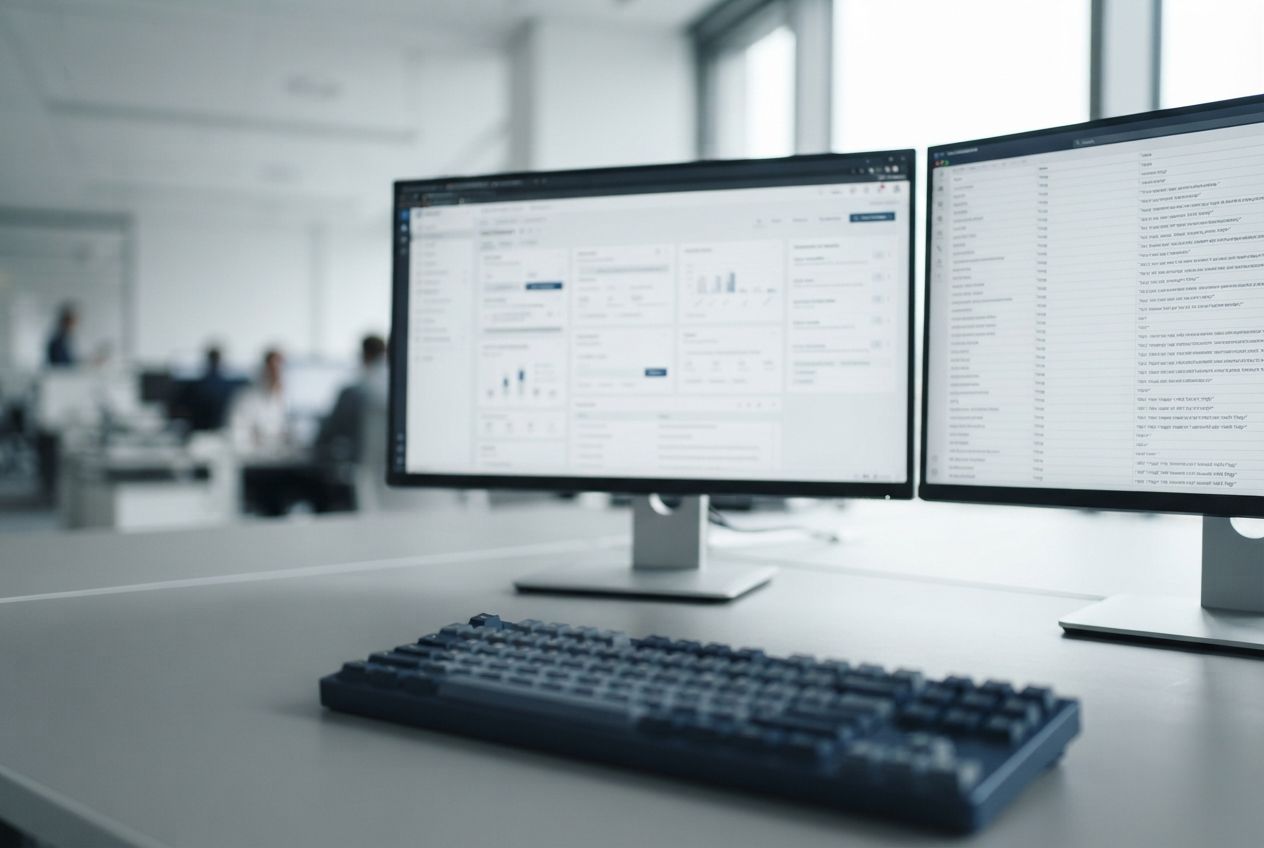 Interfaccia software e tabella di stringhe da localizzare su due monitor (immagine illustrativa)